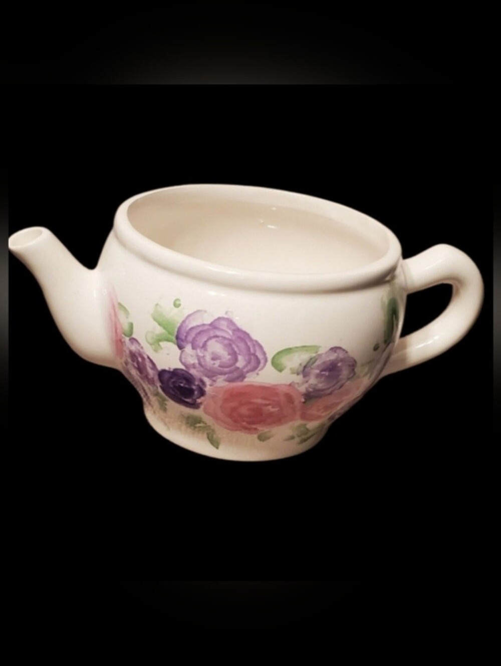Ceramic Tea Pot / Flower Pot  4" tall, white w/ purple, pink, green